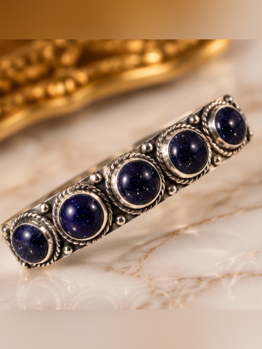 925 Sterling Silver plated Blue Goldstone Five-Station Ring